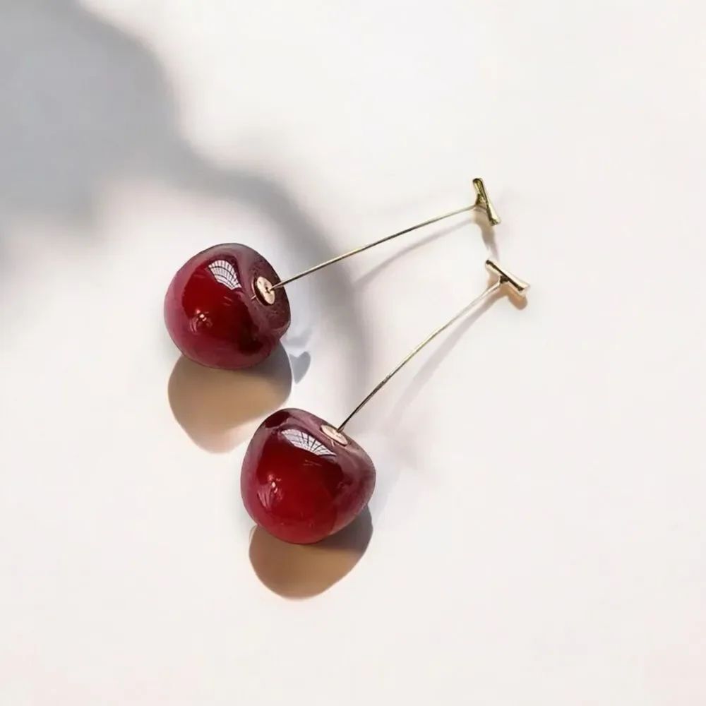 Red Cherry Gold Stem Dangle Earrings